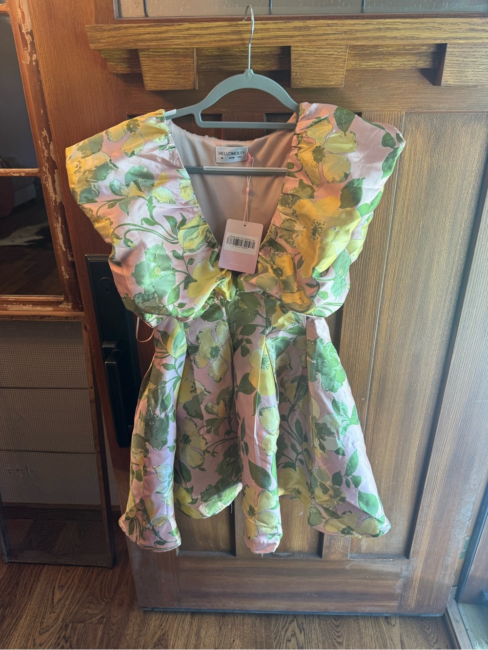 Hello Molly Pink Floral Ruffle Mini Dress with Green and Yellow Blooms